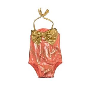 Dippin Daisys Girls 6-12M One Piece Swimsuit Coral Gold Sequin Bow Halter USA